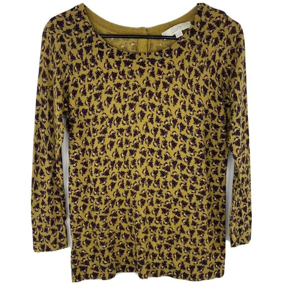 Ann Taylor Loft Womens Sweater Size Small Gold Purple Floral 3/4 Sleeve Pullover - Picture 1 of 9